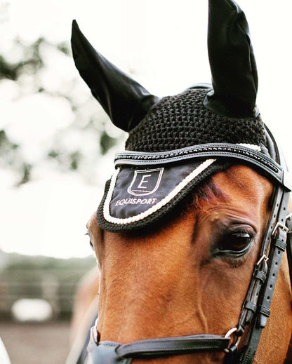 Equisport Equestrian Classic Fly Veil shown on a horse's bridle, featuring elegant black crochet and logo.