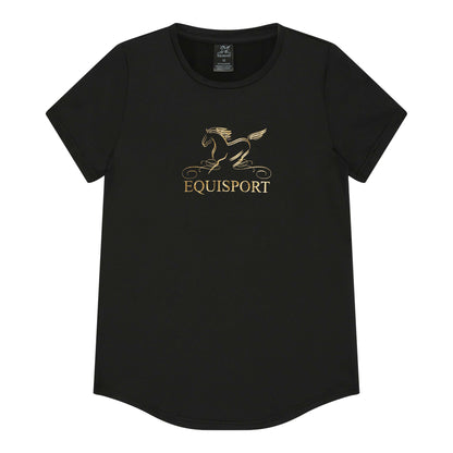 Equisport Equestrian Sports T-Shirt in black with gold logo, perfect for athletic and casual wear.