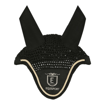 Equisport Equestrian Classic Fly Veil in black with light gold rope piping and embroidered logo.