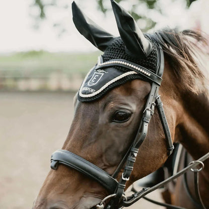 Equisport Equestrian Classic Fly Veil on a horse's bridle with elegant design and gold embroidery.
